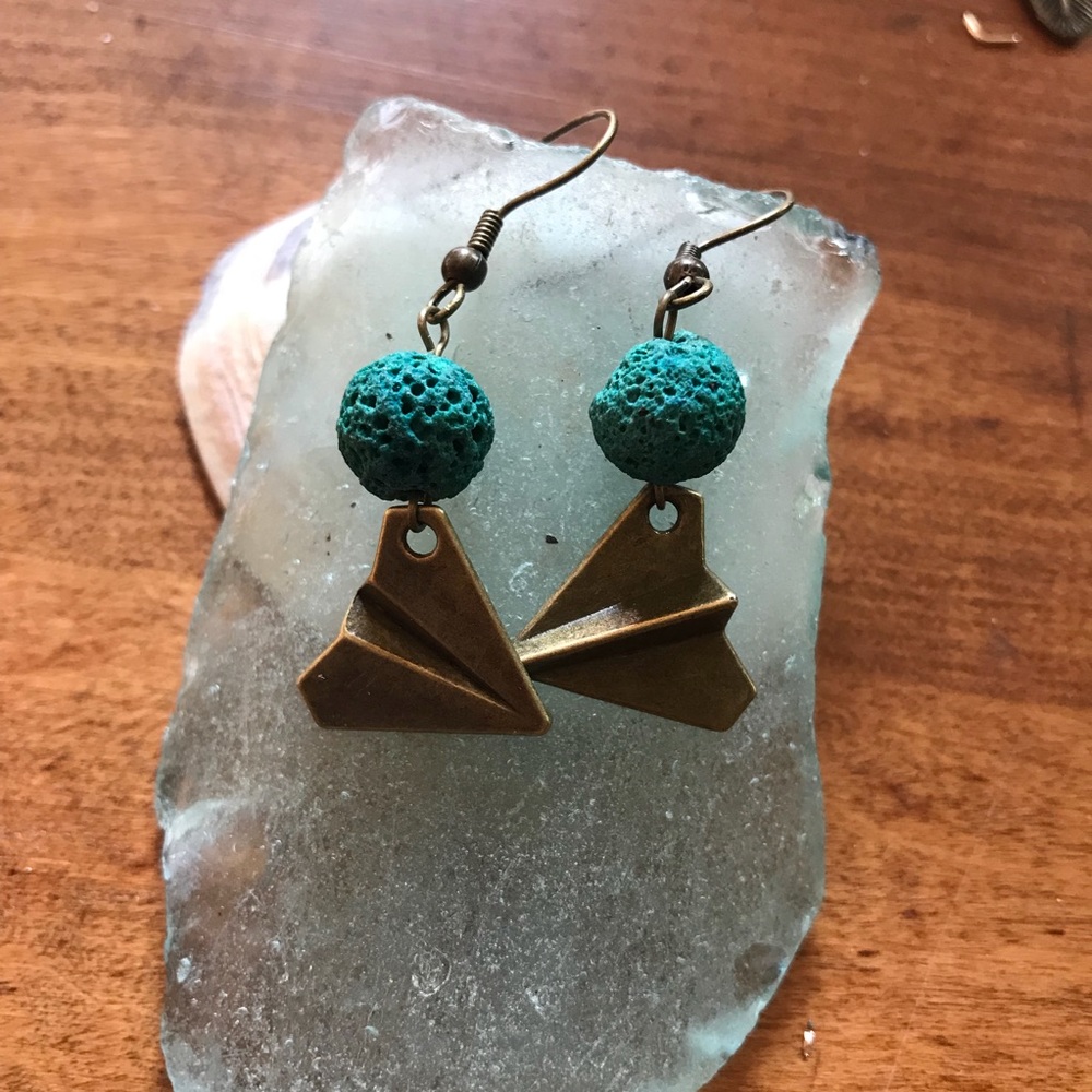Handmade ✨ Essential Oil Diffuser Japanese Origami Plane Antique Bronze Earrings
